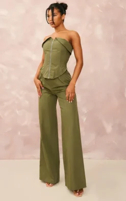 Khaki Woven Wide Leg Cargo Pants