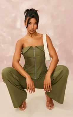 Khaki Woven Wide Leg Cargo Pants
