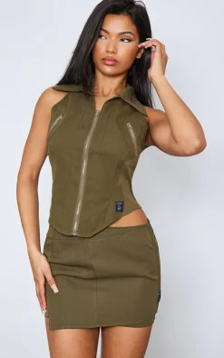 Khaki Woven Zip Up Cargo Mini Skirt