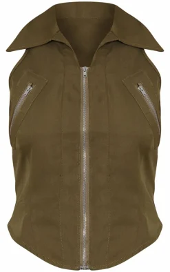 Khaki Woven Zip Up Cargo Mini Skirt