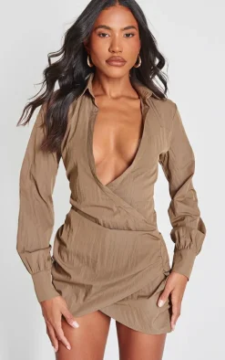Khaki Wrap Detail Shirt Dress