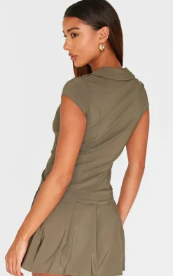 Khaki Zip Up Pleated Shift Dress