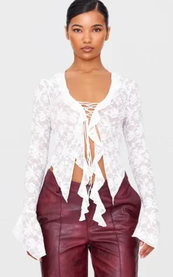 Lace Tie Front Ruffle Blouse