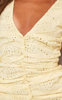 Lemon Broderie Plunge Ruched Frill Hem Bodycon Dress