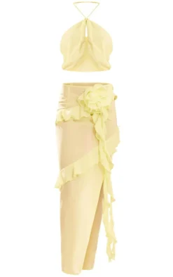 Lemon Chiffon Cut Out Rose Applique Drape Maxi Dress