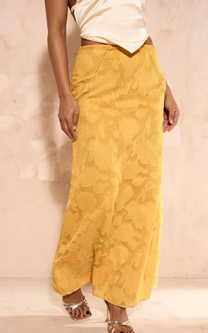 Lemon Distressed Floral Woven Maxi Skirt