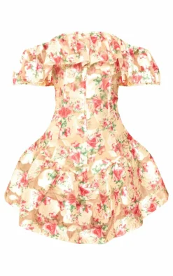 Lemon Floral Bardot Frill Bodycon Dress