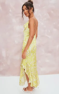 Lemon Floral Print Frill Satin Cowl Maxi Dress