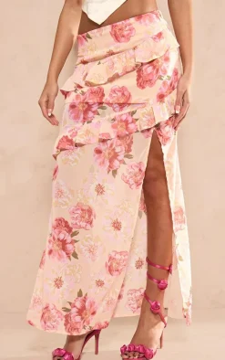 Lemon Floral Printed Ruffle Detail Maxi Skirt