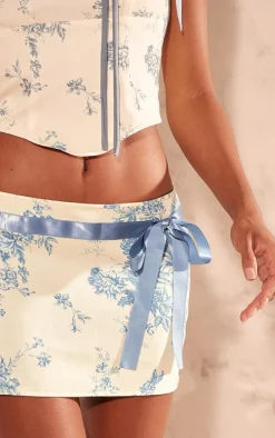 Lemon Floral Woven Bow Detail Low Rise Micro Mini Skirt