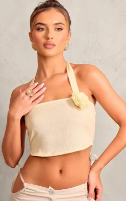 Lemon Halterneck Rose Applique Faux Linen Top