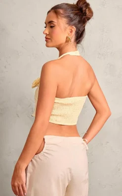 Lemon Halterneck Rose Applique Faux Linen Top