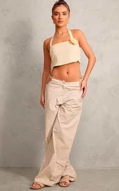 Lemon Halterneck Rose Applique Faux Linen Top