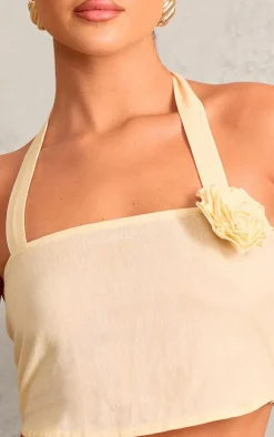 Lemon Halterneck Rose Applique Faux Linen Top
