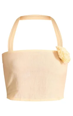 Lemon Halterneck Rose Applique Faux Linen Top