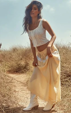 Lemon Lace Trim Cheesecloth Drawstring Waist Maxi Skirt