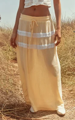 Lemon Lace Trim Cheesecloth Drawstring Waist Maxi Skirt