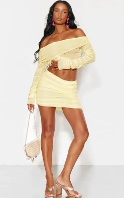 Lemon Mesh Ruched Bardot Long Sleeve Top