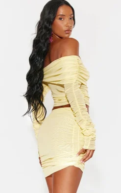 Lemon Mesh Ruched Bardot Long Sleeve Top