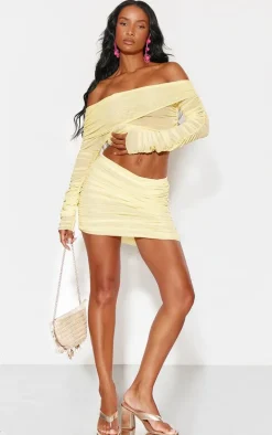Lemon Mesh Ruched Micro Mini Skirt