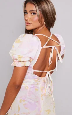 Lemon Print Tie Detail Low Back Frill Hem Romper