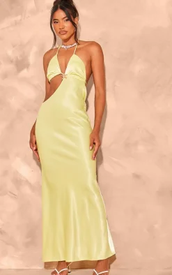 Lemon Satin Cut Out Halter Neck Maxi Dress