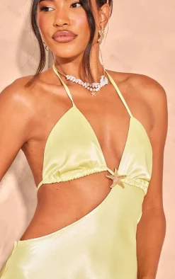 Lemon Satin Cut Out Halter Neck Maxi Dress
