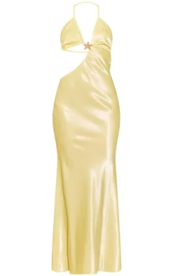 Lemon Satin Cut Out Halter Neck Maxi Dress