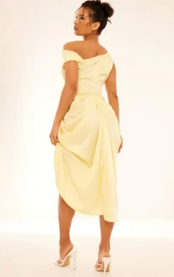 Lemon Satin Off The Shoulder Draped Skirt Midi Dress