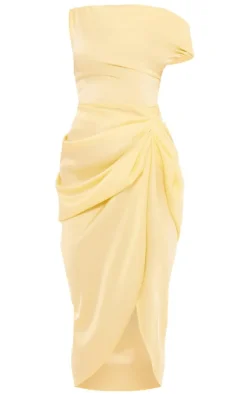 Lemon Satin Off The Shoulder Draped Skirt Midi Dress