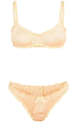 Lemon Satin Ruched Frill Lingerie Set