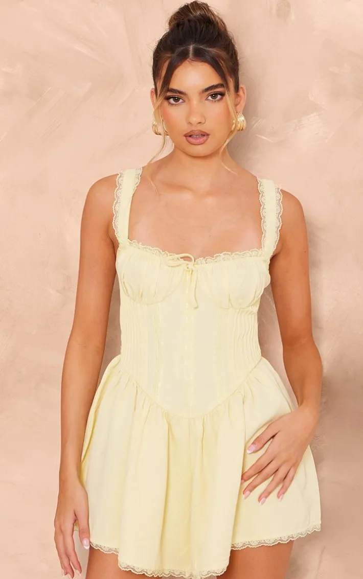 Lemon Woven Corset Lace Trim Romper