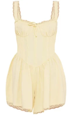 Lemon Woven Corset Lace Trim Romper
