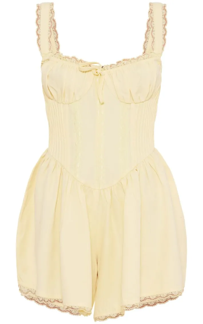 Lemon Woven Corset Lace Trim Romper