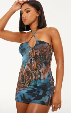 Leopard Abstract Print Mesh Bandeau Mini Dress