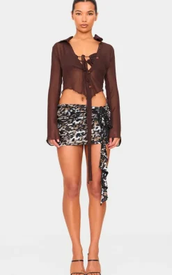 Leopard Devore Tie Side Detail Draped Mini Skirt