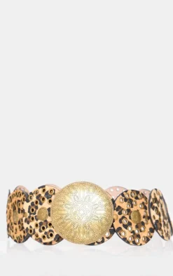 Leopard Faux Suede Studded Buckle Shield Belt