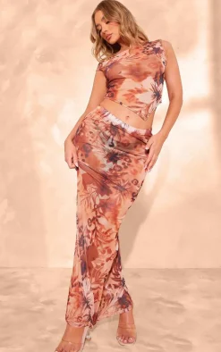 Leopard Floral Mesh Maxi Skirt