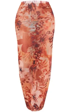 Leopard Floral Mesh Maxi Skirt