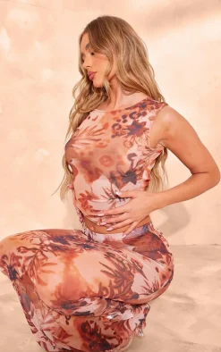 Leopard Floral Print Mesh Asymmetric Top