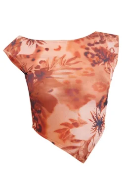Leopard Floral Print Mesh Asymmetric Top