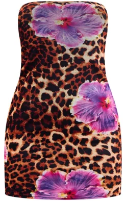 Leopard Floral Print Mesh Bandeau Lined Bodycon Dress
