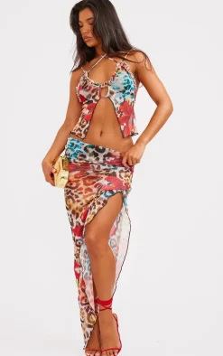 Leopard Floral Print Mesh Ruffle Maxi Skirt