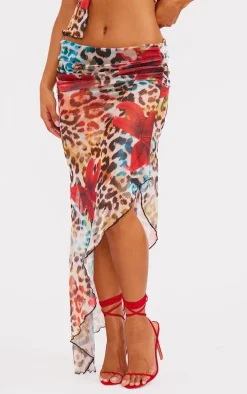 Leopard Floral Print Mesh Ruffle Maxi Skirt
