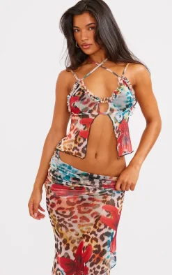 Leopard Floral Print Mesh Ruffle Hem Top