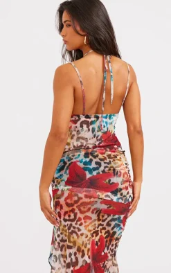 Leopard Floral Print Mesh Ruffle Hem Top