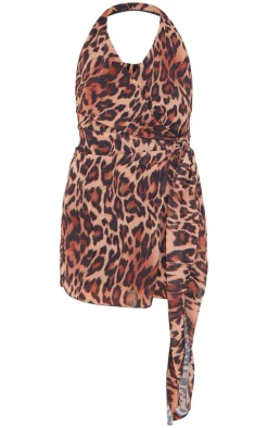 Leopard Mesh Wrap Halterneck Mini Dress