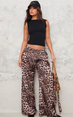 Leopard Premium Satin Low Rise Wide Leg Drawstring Pants