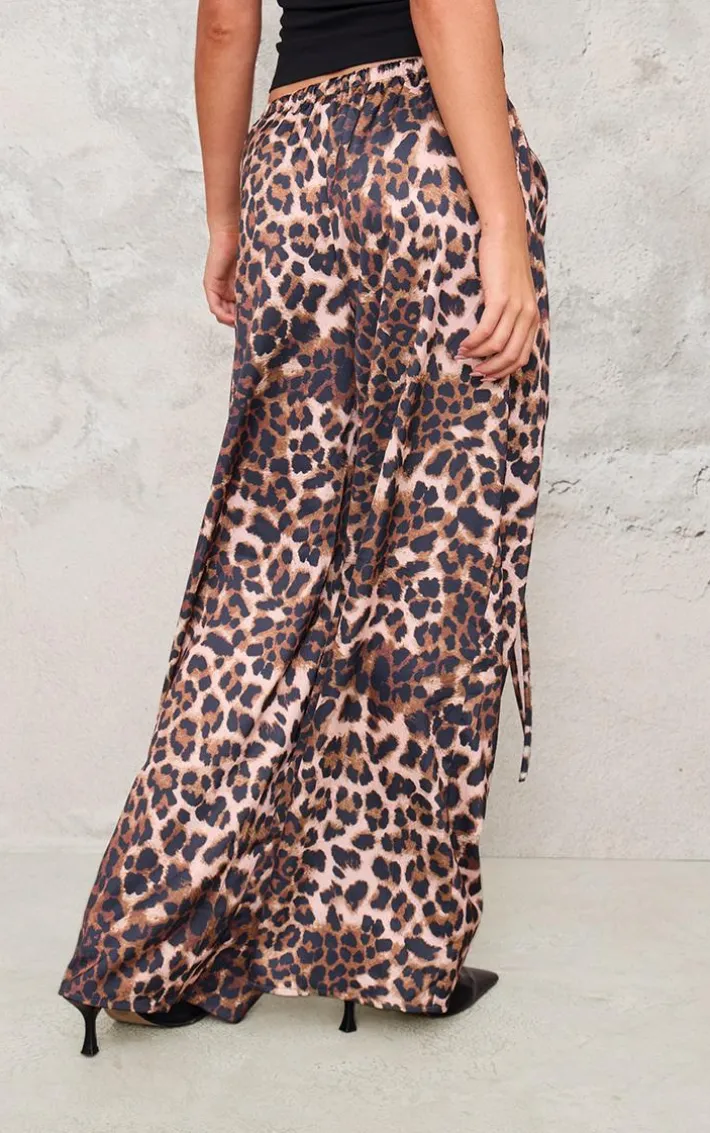 Leopard Premium Satin Low Rise Wide Leg Drawstring Pants