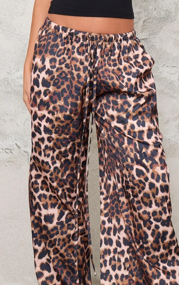 Leopard Premium Satin Low Rise Wide Leg Drawstring Pants